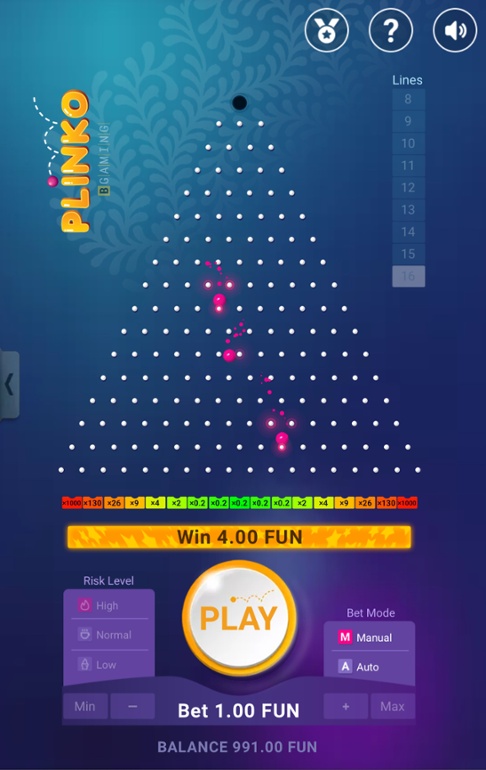 Skærmbillede af Plinko-spil på mobil, der viser flere bolde, der hopper gennem pinde, med multiplikatorer og indsatsmuligheder vist nederst.