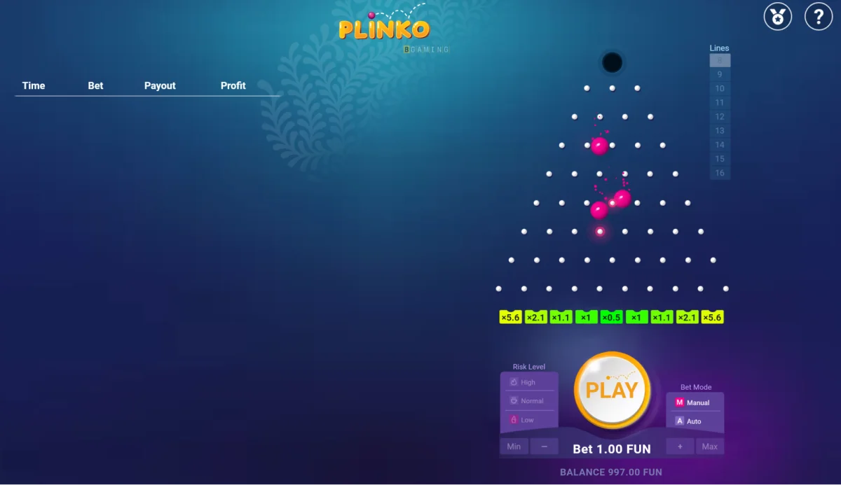 Skærmbillede af Plinko-spil på mobil, der viser en bold, der hopper gennem en pyramide af pinde, med risikoniveauer og indsatsmuligheder nederst.