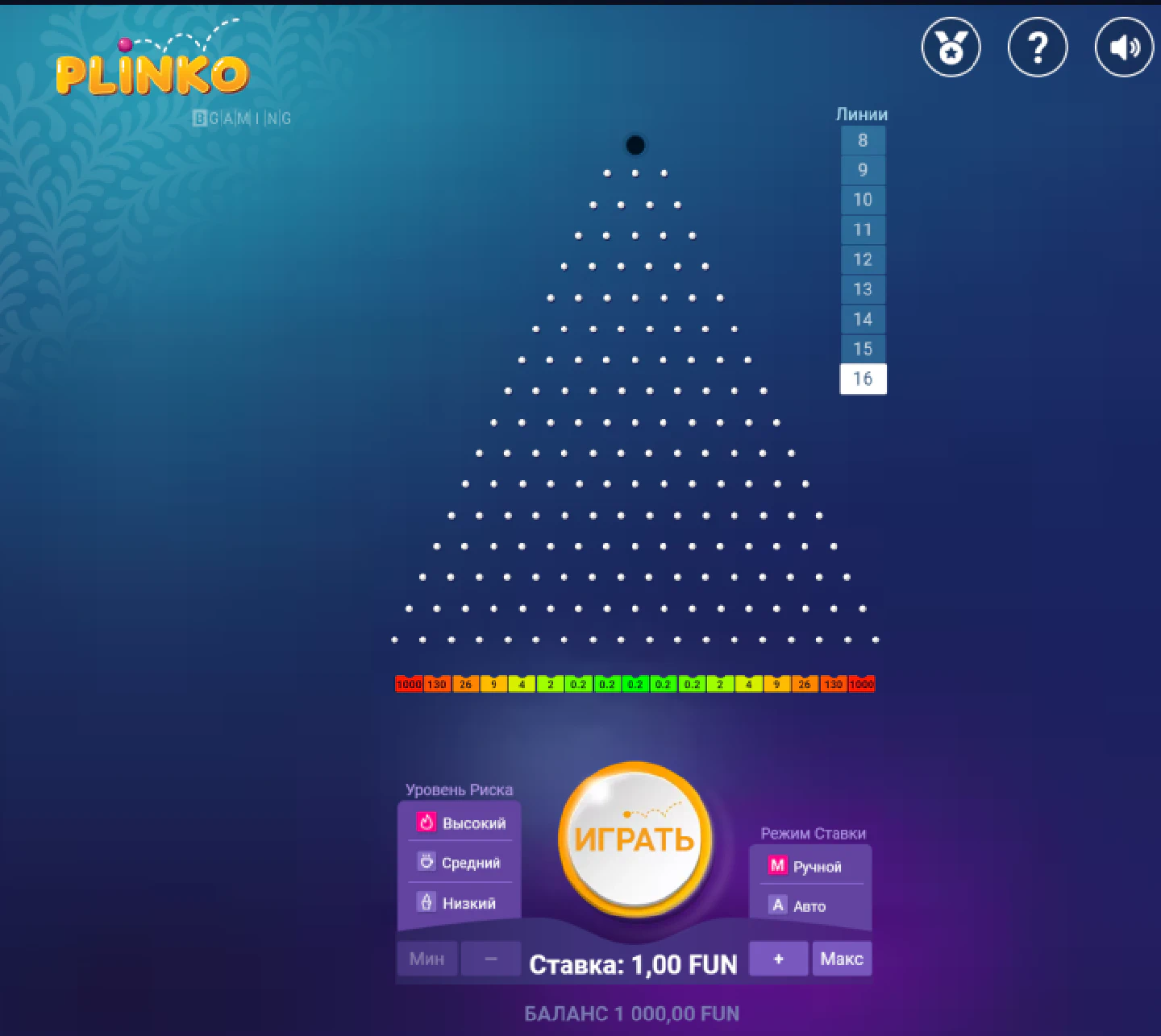 Skærmbillede af Plinko-spil på tablet, hvor en bold er ved at hoppe gennem pinde, med risikoniveauer og indsatsmuligheder vist på skærmen.